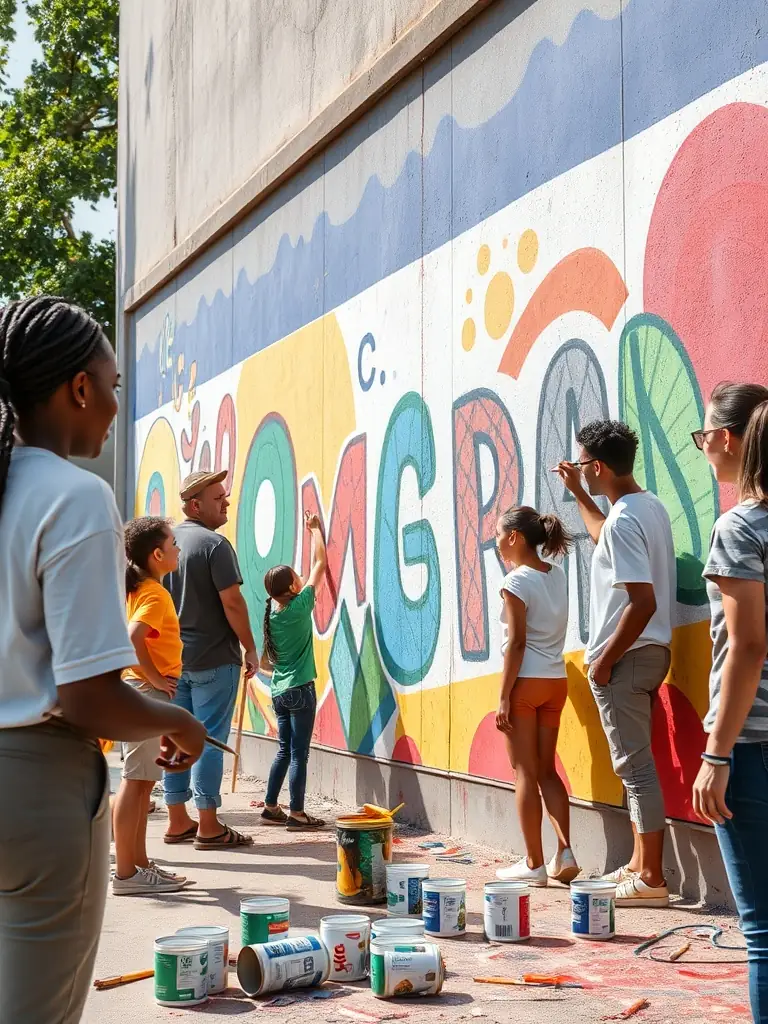 A photograph of a community art project, showing diverse participants collaborating on a large-scale mural, emphasizing the organization's commitment to community engagement and cultural enrichment.