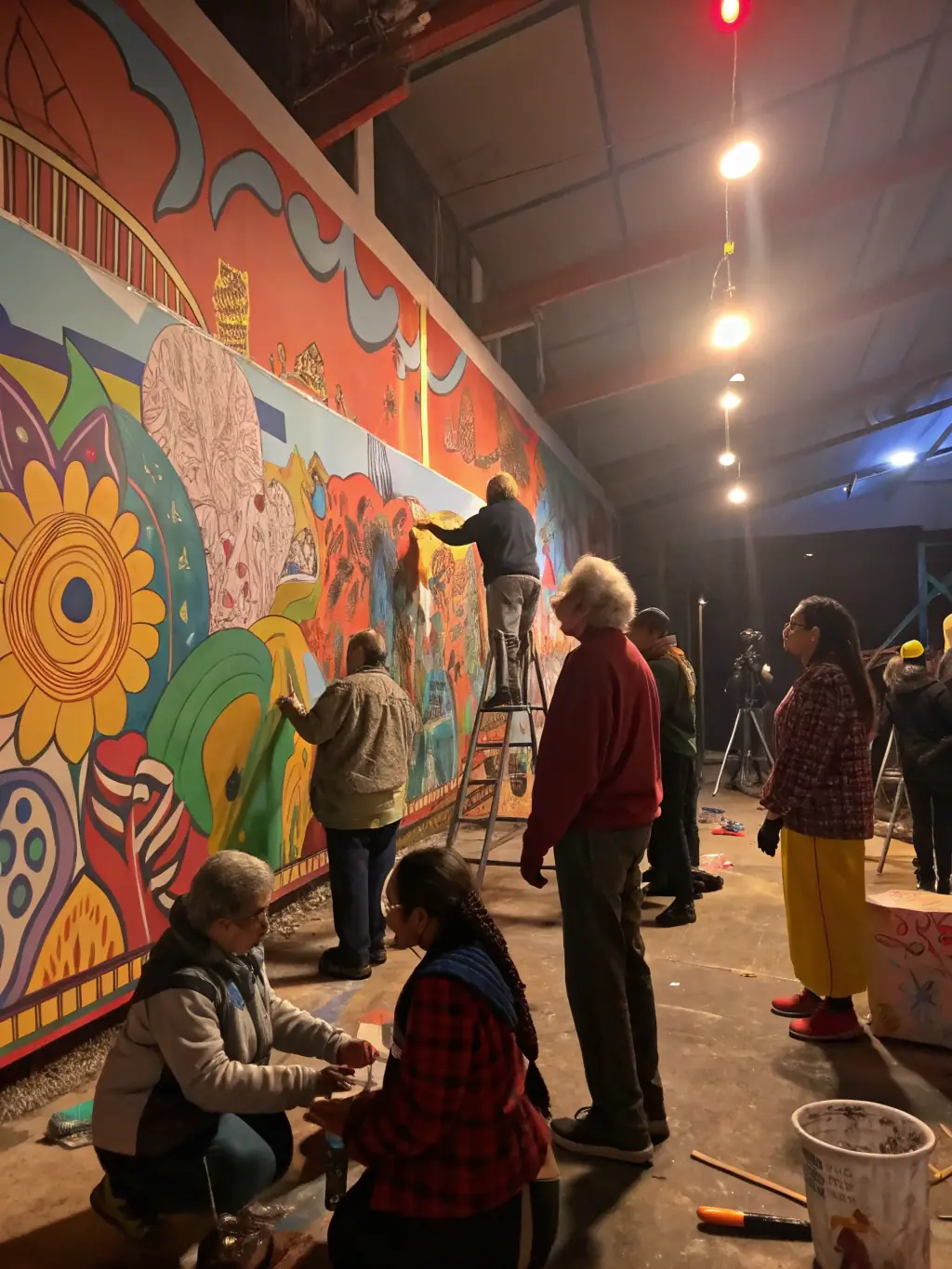 A vibrant image depicting a group of artists collaborating on a large-scale mural in the shared studio space of LES ATELIERS INTERMEDIAIRES, showcasing the collaborative spirit and artistic energy.