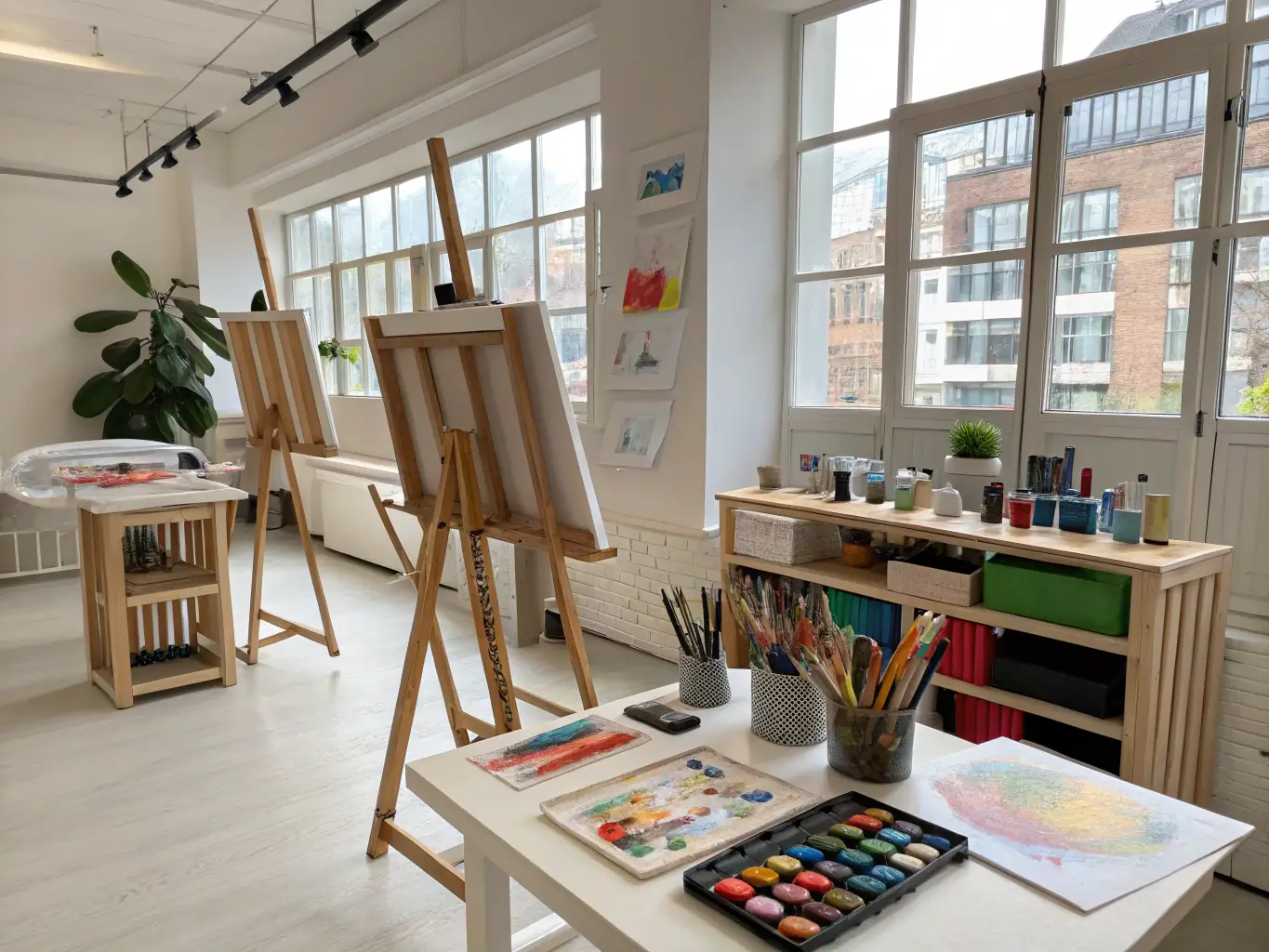 A photograph showcasing a variety of art supplies neatly organized and readily available in a shared studio space, emphasizing the accessibility and abundance of resources for artists at LES ATELIERS INTERMEDIAIRES.