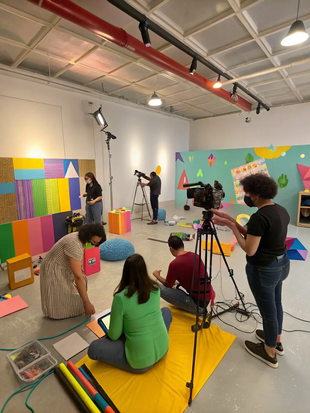 An image showing a performance art workshop at LES ATELIERS INTERMEDIAIRES, featuring artists experimenting with movement, sound, and visual elements to create immersive experiences.