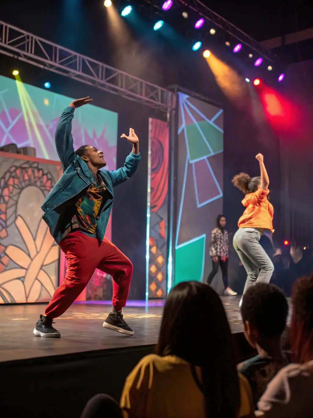 A photograph capturing a performance art event at LES ATELIERS INTERMEDIAIRES, highlighting the energy and creativity of the performers and the audience's engagement.