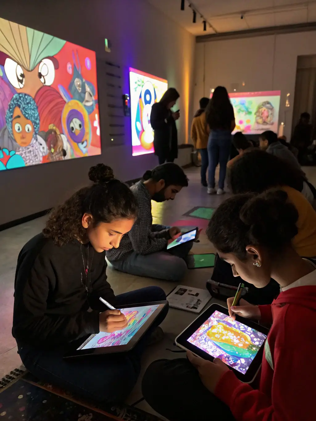 A photograph showcasing a digital arts and multimedia workshop, with participants working on computers and creating digital art pieces, emphasizing the integration of technology and art.