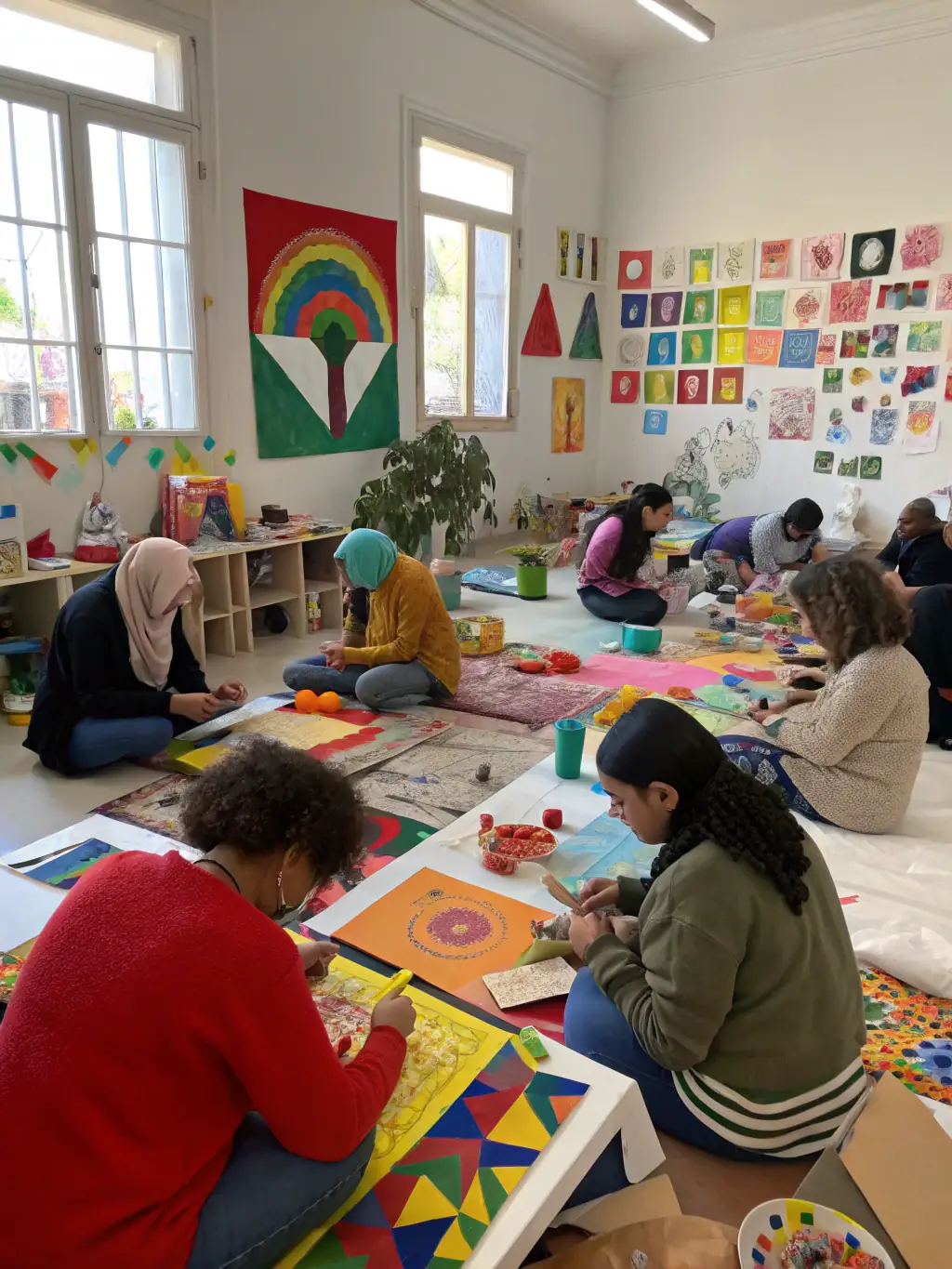 A photograph capturing a vibrant visual arts workshop in progress, with participants actively engaged in painting and drawing, showcasing the dynamic learning environment.
