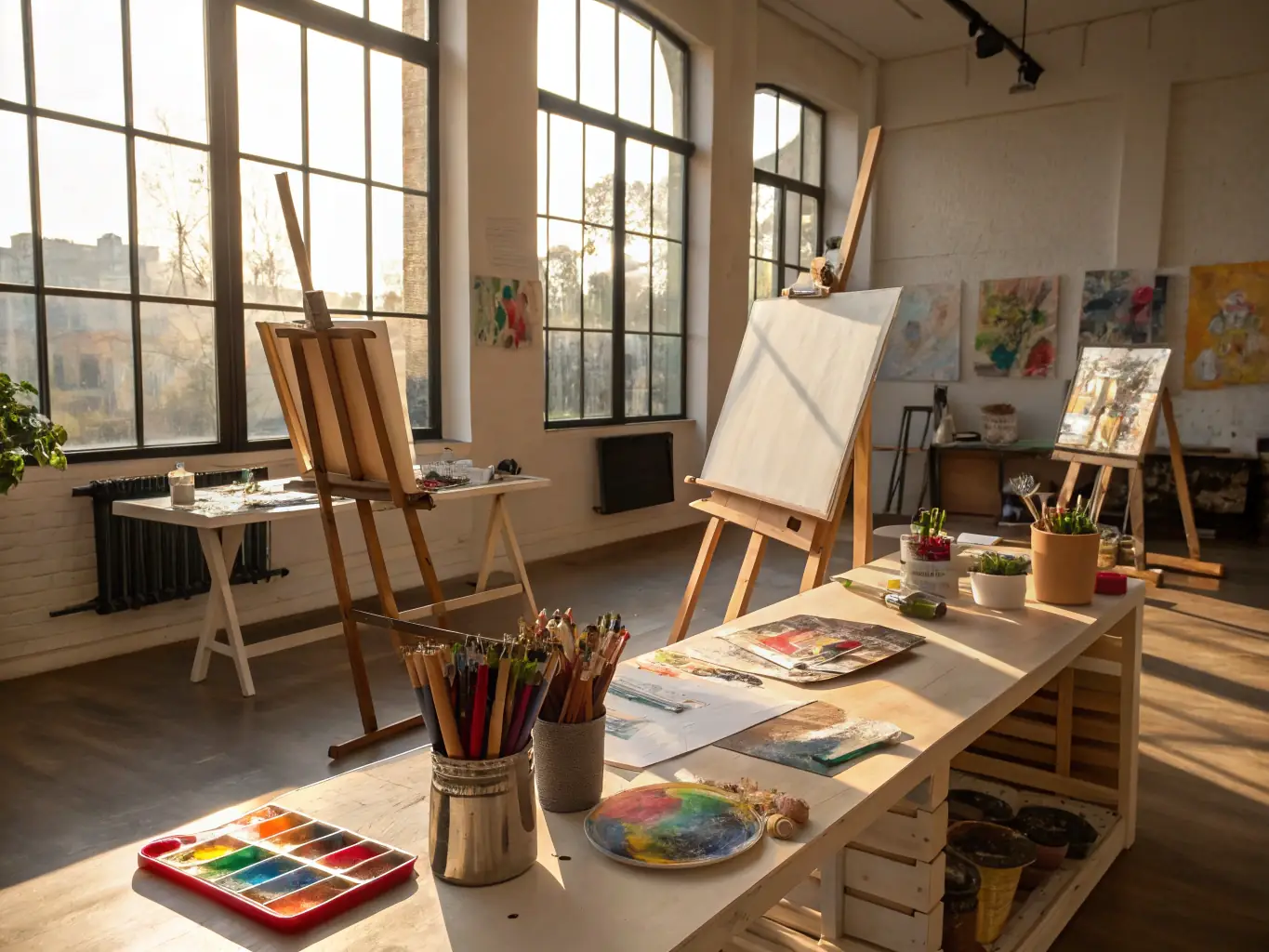 A photograph of a spacious, well-lit shared studio space with various artists working on their projects, highlighting the collaborative and supportive environment at LES ATELIERS INTERMEDIAIRES.