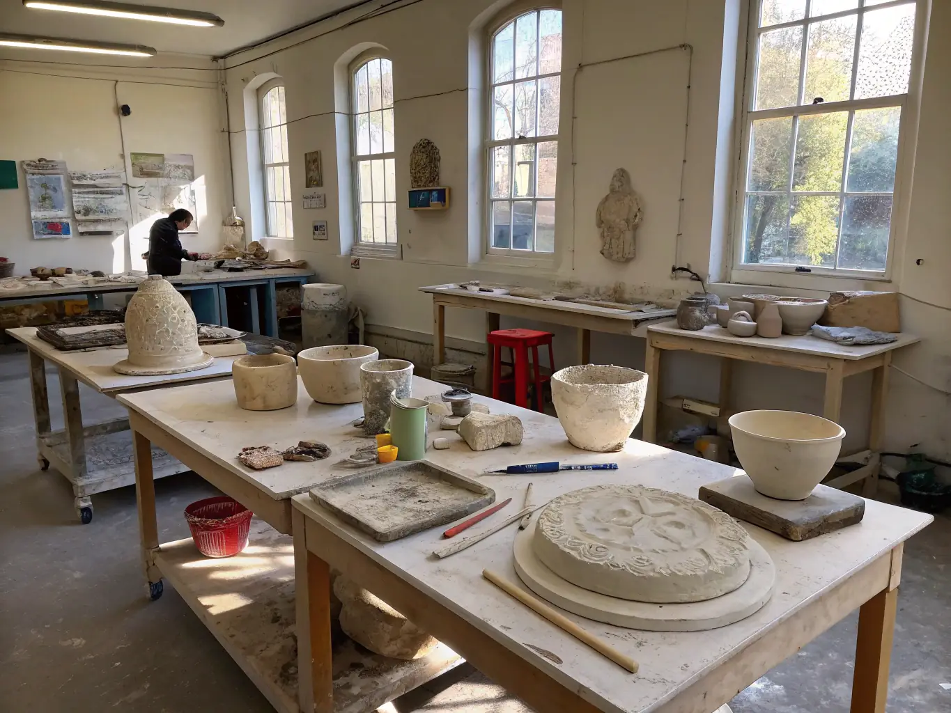 A photograph featuring specialized equipment such as a pottery wheel, printing press, or digital design station available for use by artists at LES ATELIERS INTERMEDIAIRES.