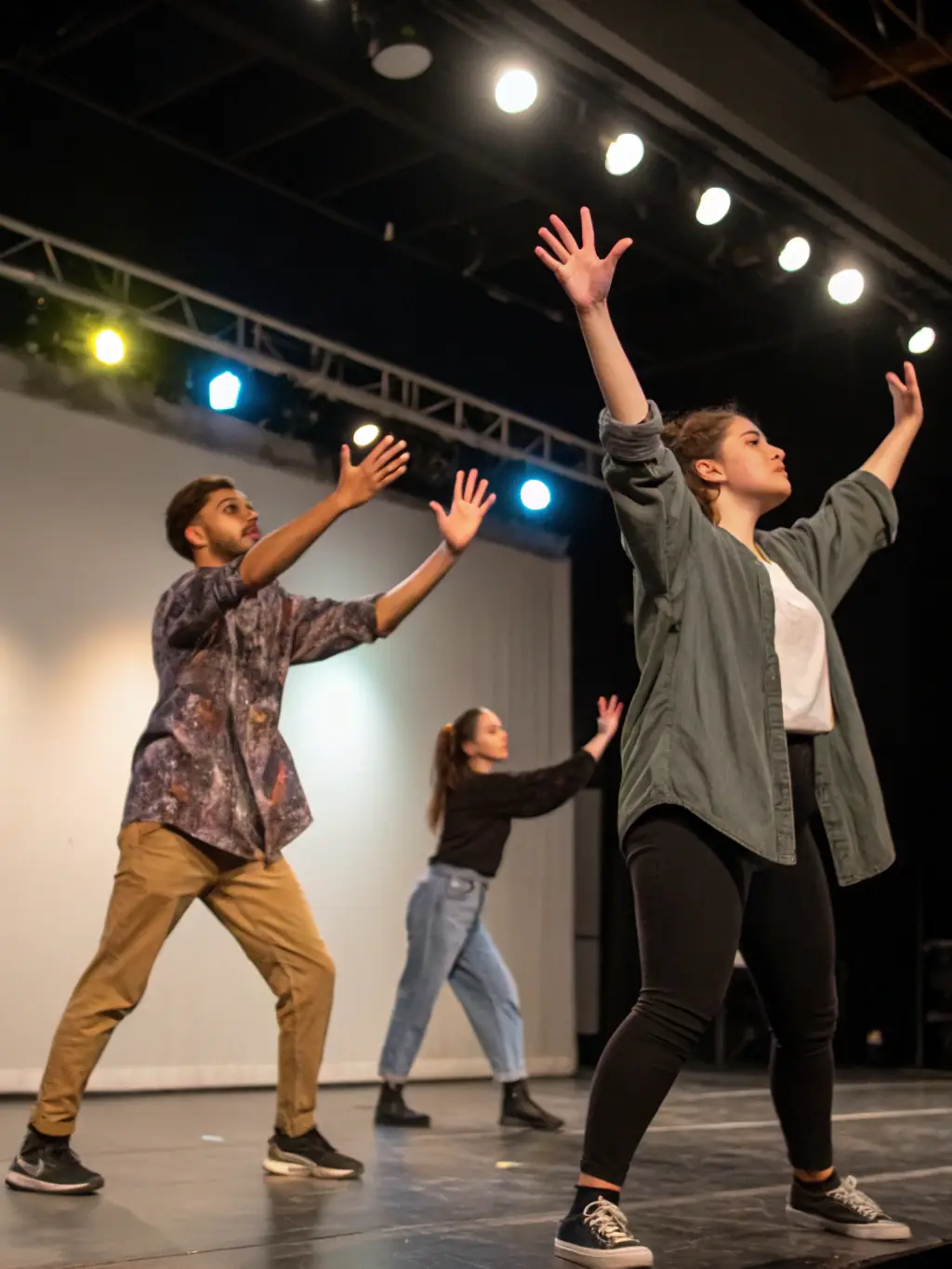 A dynamic image of a performance art workshop, featuring artists experimenting with movement and expression, highlighting the collaborative and innovative nature of the program.