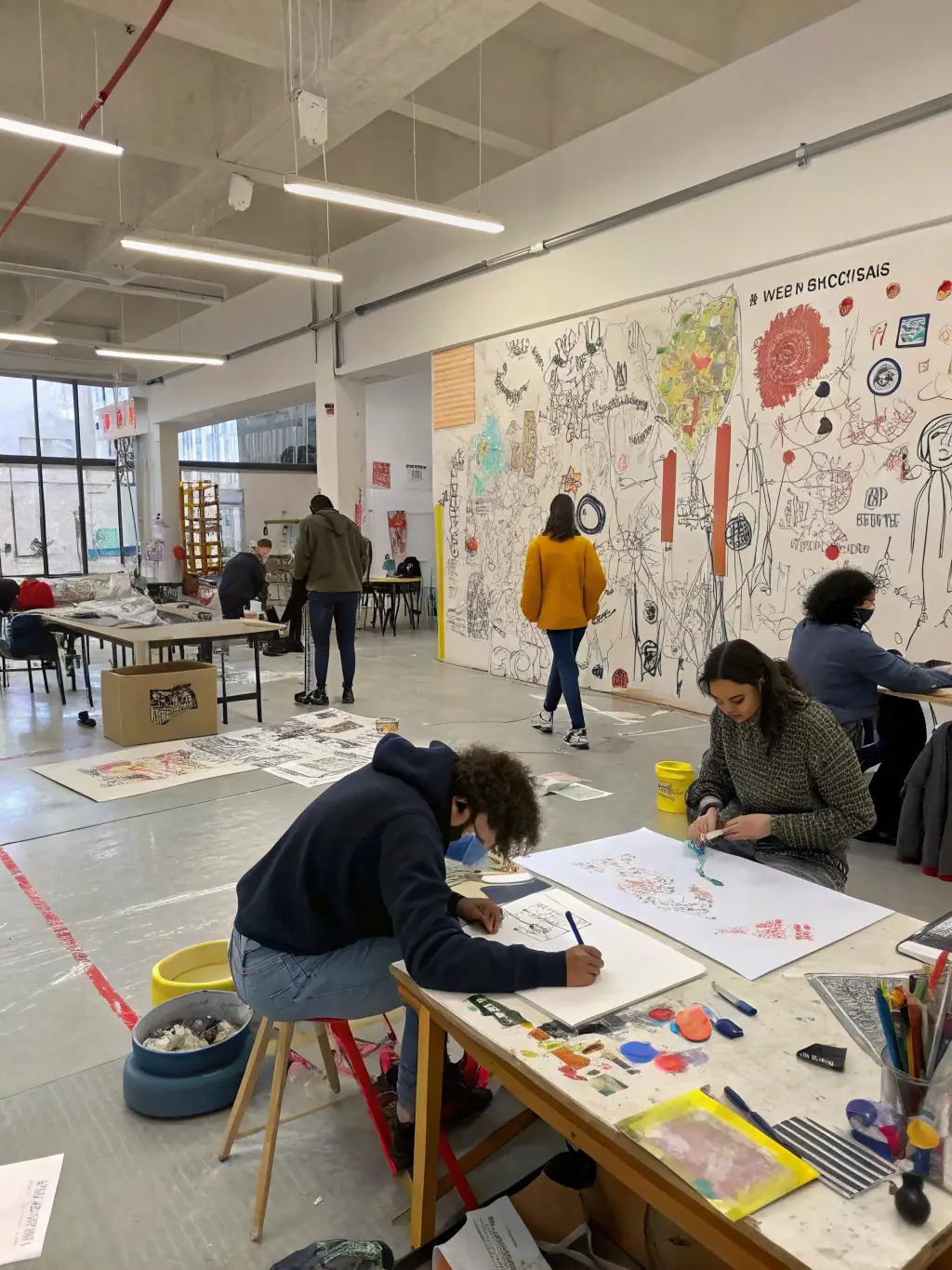 A vibrant image depicting artists collaborating in a shared studio space at Les Ateliers Intermediaires, showcasing diverse artistic disciplines and collaborative projects.