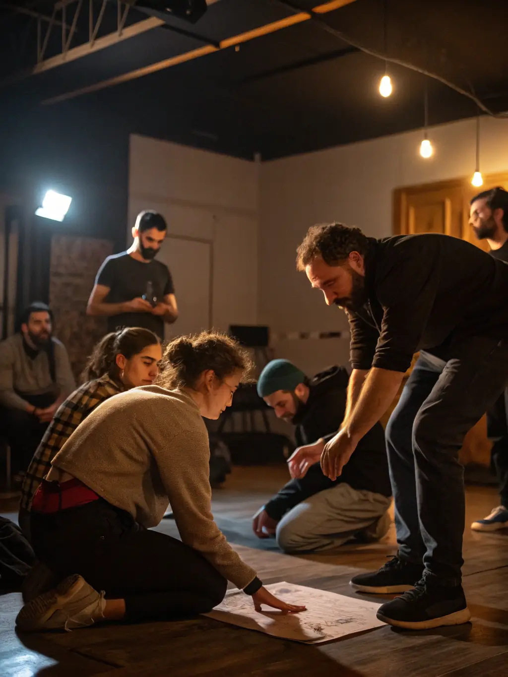A dynamic image of a performance art workshop at Les Ateliers Intermediaires, featuring participants actively engaged in creative expression and movement exercises.
