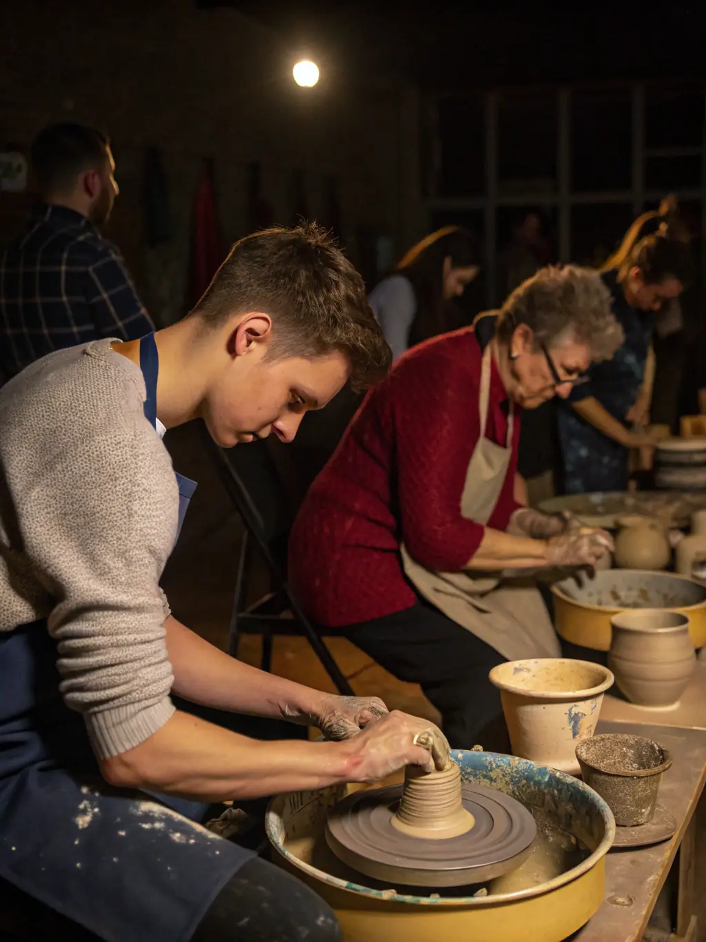 A photograph capturing a pottery class in session at LES ATELIERS INTERMEDIAIRES, with participants of diverse ages and backgrounds focused on shaping clay on pottery wheels.