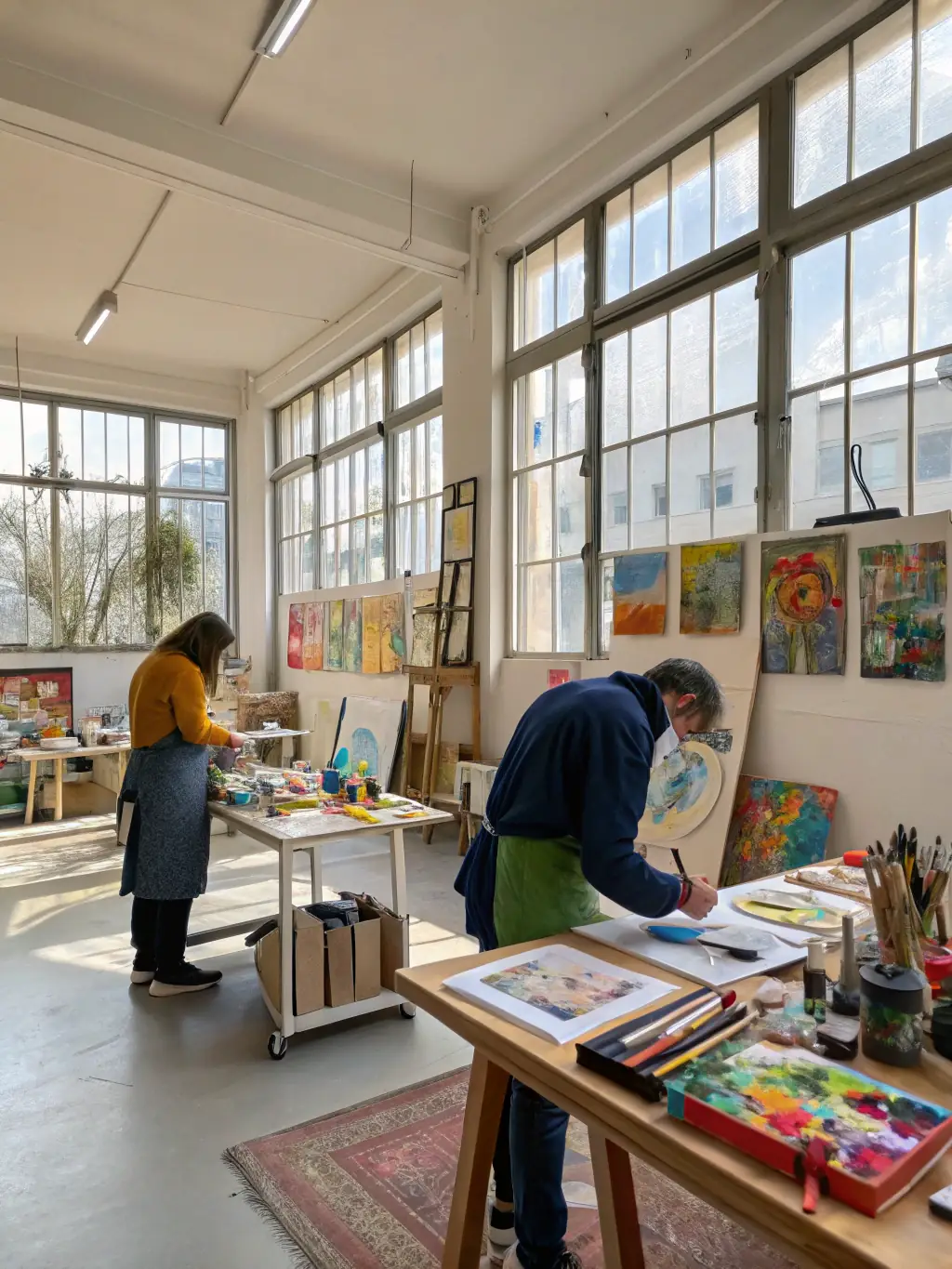 A vibrant image of artists collaborating in a shared studio space at LES ATELIERS INTERMEDIAIRES, showcasing diverse artistic disciplines and collaborative projects.