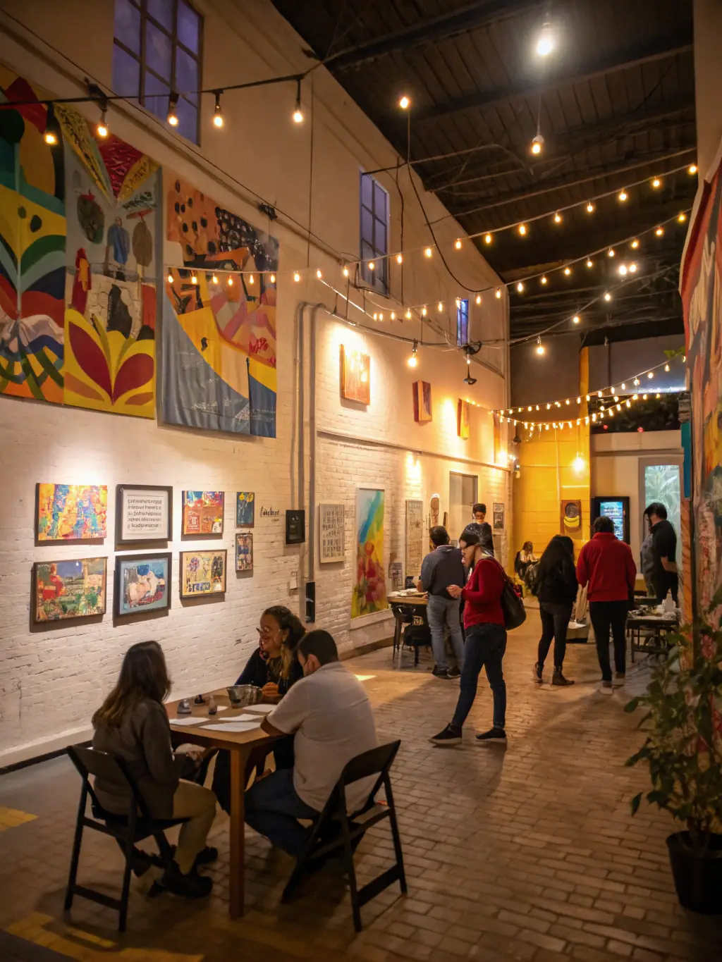 A dynamic image of a public art exhibition organized by LES ATELIERS INTERMEDIAIRES, featuring a diverse range of artworks and engaged community members.